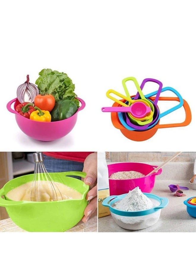 طقم أوعية خلط مكون من 10 قطع، أوعية مطبخ ملونة، مصفاة شبكية بمقابض، أكواب وملاعق قياس قابلة للتكديس، أوعية بلاستيكية متداخلة مع صنبور سهل الصب للطبخ في المطبخ - Image 2